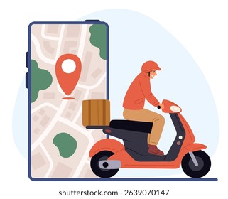 Courier on scooter against background of smartphone and city map with geotag. Online delivery app. Traffic GPS pin. Phone screen. Food order shipping. Deliveryman on