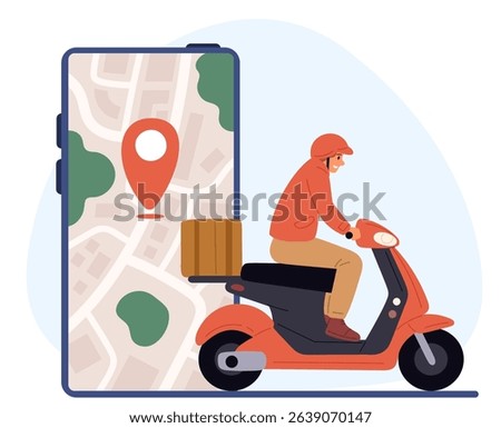 Courier on scooter against background of smartphone and city map with geotag. Online delivery app. Traffic GPS pin. Phone screen. Food order shipping. Deliveryman on