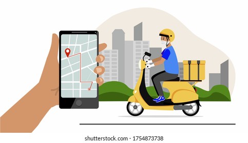 Courier on a scooter. The concept of service and safe food delivery. Order online. Tracker tracking delivery on the phone. A young man in a medical mask and gloves rides around the city on a scooter 