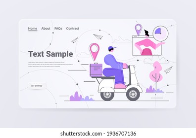 courier on scooter delivering food for businesswoman online delivery service concept horizontal