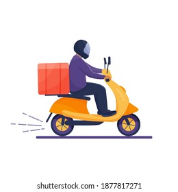 Courier on a scooter delivers the order. Vector colorful isolated  illustration in flat style.