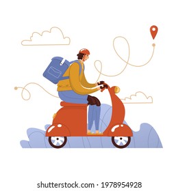 Courier on a scooter delivers order. Isolated on white background. Vector illustration. Flat, cartoon style. Character, receiving, carrying, helmet, service, deliveryman, purchase, navigation, map.