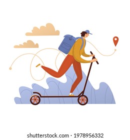 Courier on a scooter delivers order. Isolated on white background. Vector illustration. Flat, cartoon style. Character, receiving, carrying, clouds, service, deliveryman, purchase, navigation, map. 