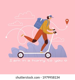 Courier on a scooter delivers order. Isolated on pink background. Vector illustration. Flat, cartoon style. Character, receiving, carrying, box, service, deliveryman, purchase, navigation, map.