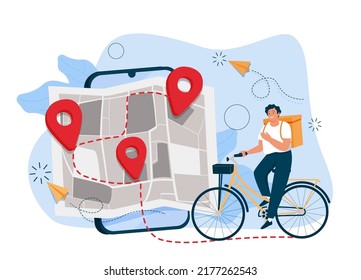 A courier on a scooter delivers a package. Smartphone with a mobile application for tracking delivery. Online food delivery courier delivery man on bicycle with parcel on his back food box.