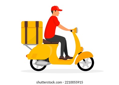 Courier on a scooter delivers a package. Food delivery man riding a motorbike. Online delivery service. Fast and free delivery. Urgent shipping. Quick delivery service for home and office