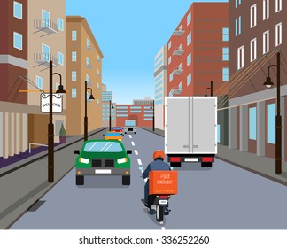 Courier on a scooter in a hurry to bring delivery via dense city traffic. Vector illustration