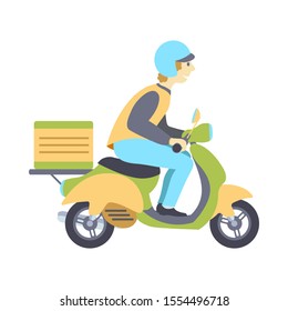Courier on a scooter in a hurry to deliver an order. Vector flat illustration isolated on white background.