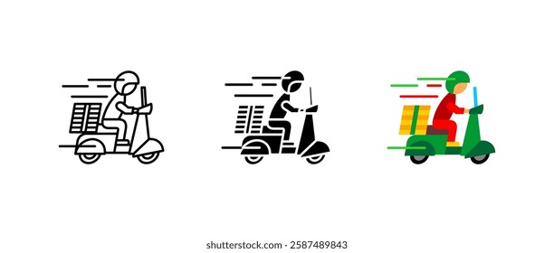 Courier on scooter icon. Fast delivery and shipping sign. Express transport symbol. Parcel service pictogram. Logistics route illustration. Online order concept.