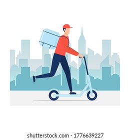Courier on scooter with parcel box in city vector isolated on white. Fast and free town delivery. Ecological fast delivery concept.