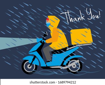 A courier on a scooter in a protective mask from a virus carries goods in the rain. Inscription thank you