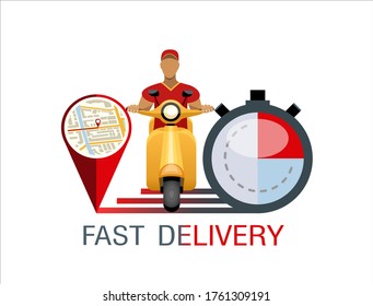 Courier on scooter and stopwatch. Fast Delivery concept. City Fast delivery. Delivery home and office. Vector illustration.