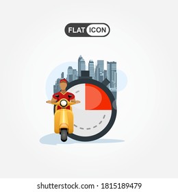 Courier on scooter and stopwatch. Fast Delivery concept. City Fast delivery. Delivery home and office. Vector illustration.