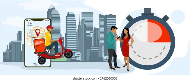 Courier on scooter, stopwatch and people waiting for their order. Fast Delivery concept. City Fast delivery. Delivery home and office. Vector illustration.