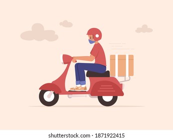 Courier on a scooter wearing protective mask. Online delivery service during covid-19 coronavirus pandemic quarantine and lockdown concept vector flat illustration.