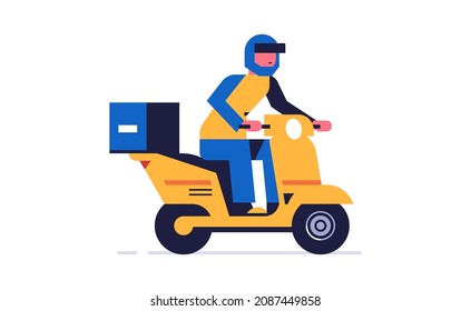 Courier online delivery of parcels. A delivery courier rides a yellow motorcycle wearing a helmet with an order box. Flat vector illustration isolated on background