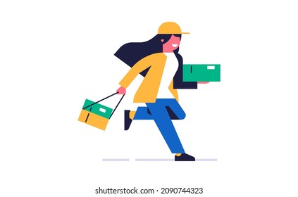 Courier online delivery of parcels. The courier from the delivery service runs with the order boxes. Happy woman in a working uniform. Flat vector illustration isolated on background