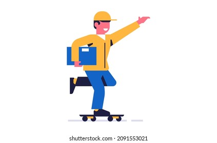 Courier online delivery of parcels. A courier from a delivery service is rolling on a skateboard with an order box. Happy man in working uniform. Flat vector illustration isolated on background
