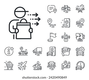 Courier with order sign. Plane, supply chain and place location outline icons. Food delivery line icon. Catering service symbol. Food delivery line sign. Taxi transport, rent a bike icon. Vector