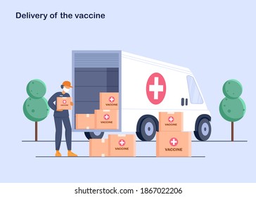 The courier outside of the truck with boxes of the vaccine. The vaccine was found for the virus. Delivery of medicines to pharmacies and at home. Vector illustration.