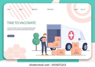 The courier outside of the truck with boxes of the vaccine. The vaccine was found for the virus. Delivery of medicines to pharmacies and at home. Vector illustration.