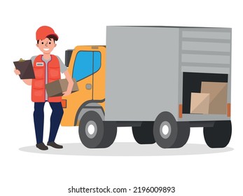 Courier with package in the background of delivery service van. Flat style vector illustration.