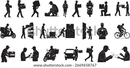 Courier and Package Delivery Silhouette Vector Set - Silhouette vector pack of courier workers delivering packages, carrying boxes, scanning barcodes, and riding delivery bikes