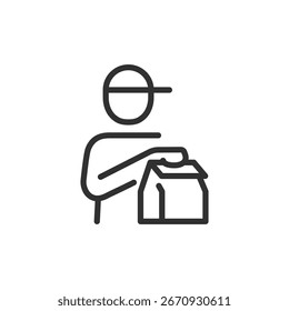 Courier com pacote, ícone linear. Serviço de entrega de alimentos ou encomendas. Linha com traçado editável.