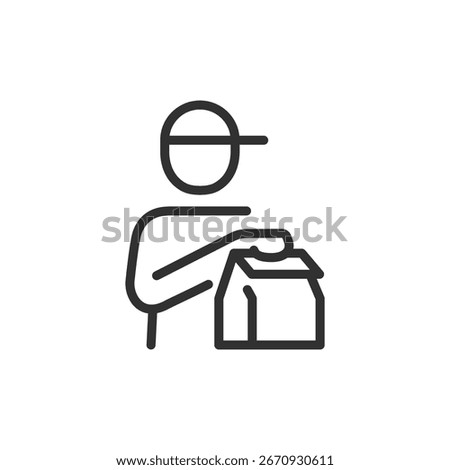 Courier with package, linear icon. Food or parcel delivery service. Line with editable stroke.