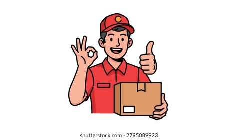 Courier with package and okay gesture