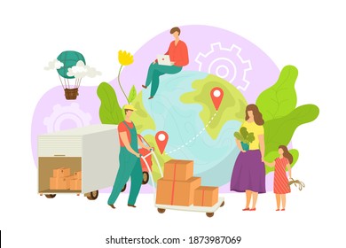 Courier with package parcel, vector illustration. Business delivery by transport, worker at shipment transportation service. People character flat communication with courier man, get online order.