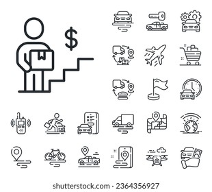 Courier with package sign. Plane, supply chain and place location outline icons. Delivery man line icon. Payable service symbol. Delivery man line sign. Taxi transport, rent a bike icon. Vector
