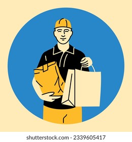 Courier with packages color concept. Delivery service. Digital illustration for web page, mobile app, promo.