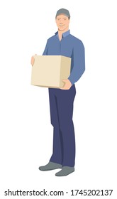 Courier con un paquete. Un repartidor con uniforme gris sostiene una caja de cartón en sus manos. Ilustración vectorial al estilo de las caricaturas.