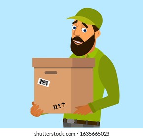 Courier with the parcel. A delivery man in red uniform holds a cardboard box in his hands. Vector illustration in cartoon style