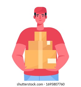 Courier with the parcel. A delivery man in red uniform holds a cardboard box in his hands. Fast courier. Restaurant food service, mail delivery service. Vector illustration in cartoon flat style