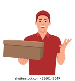 Courier con el paquete. Un repartidor con uniforme rojo sostiene una caja de cartón en sus manos. Ilustración vectorial plana aislada en fondo blanco
