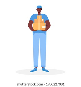 Courier with the parcel. A delivery man in uniform holds a cardboard box in his hands. Fast courier. Restaurant food service, mail delivery service. Vector illustration in cartoon flat style