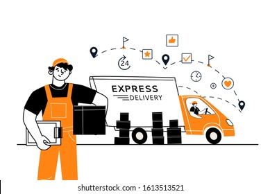A courier with a parcel in hand, a vector character in the foreground. In the background, a delivery truck with boxes. The concept of fast delivery.