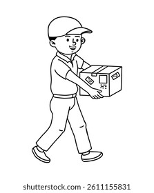 A courier with a parcel in his hands. Black outline of a quarry or a postman holding a parcel, vector black and white illustration.