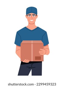 Kurier mit einem Paket in den Händen. Einziger weißer Hintergrund. Moderne Cartographie