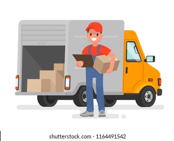 Courier with the parcel on the background of the delivery service van. Vector illustration in a flat style