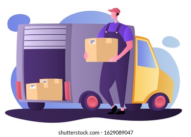 Courier with the parcel on the background of the delivery service van. Vector illustration in a flat style