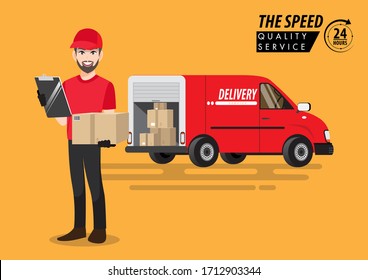 Courier with the parcel on the background of the delivery service van. Vector illustration in a flat style, cartoon design vector