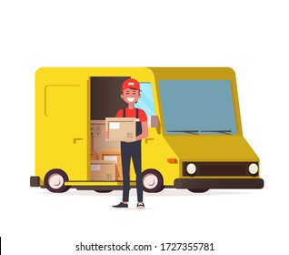 Courier con paquete en el fondo de una furgoneta de servicio de entrega. Ilustración del vector aislada en fondo blanco