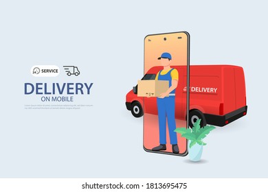 Courier with the parcel on the background of the delivery service van. Vector illustration in a flat style
