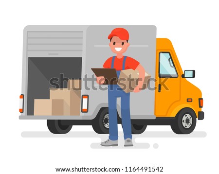 Courier with the parcel on the background of the delivery service van. Vector illustration in a flat style