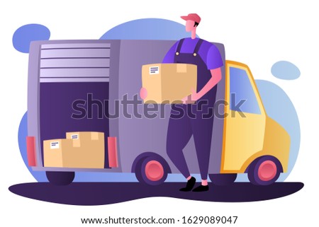 Courier with the parcel on the background of the delivery service van. Vector illustration in a flat style