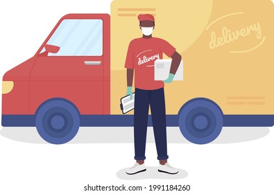 Courier with parcel and van semi flat color vector character. Postman figure. Full body person on white. Delivery service isolated modern cartoon style illustration for graphic design and animation