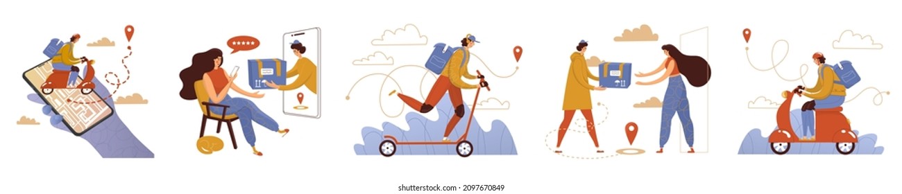 Courier with parcels. Online shopping. Delivery service application. Flat style, floristic decor. Five stars company. Customer, order, carrying, transportation, one click, shipping.